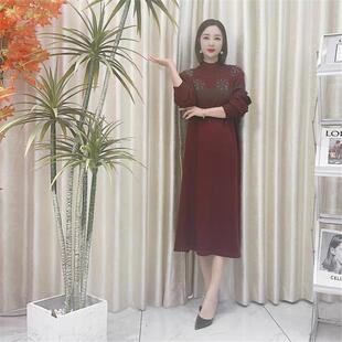 新品 秋冬季 针织喜庆连衣裙 复古宽松气质时尚 波尔多红烫钻款