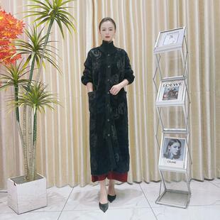 A119黑灰纹气质女士设计师秋冬长款 复古百 轻奢宽松针织开衫