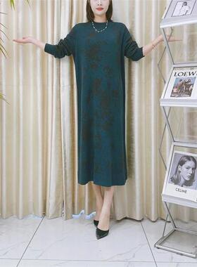 玥玥羊A249蓝色暗纹提花设计款气质秋冬轻奢针织连衣裙时尚复古
