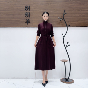 A302波尔多红设计款 复古 气质秋冬轻奢针织连衣裙时尚