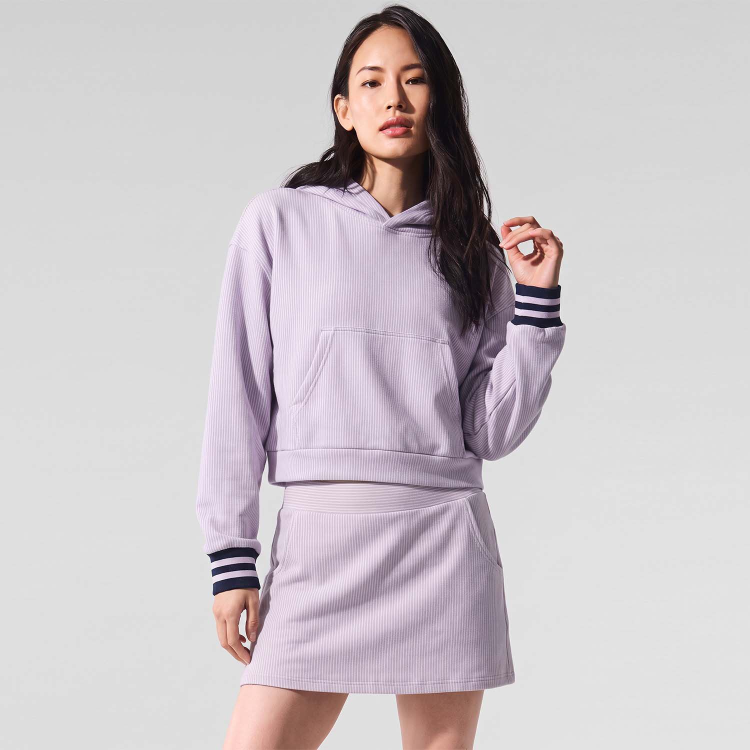 秋冬条纹连帽卫衣网球裙套装女
