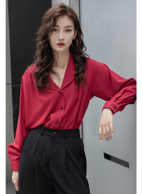 复古红色港味雪纺衬衫女宽松设计感小众长袖衬衣春秋轻熟法式上衣