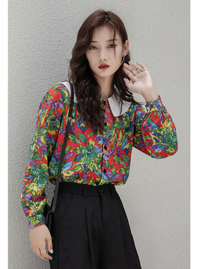 油画碎花衬衫女复古港味秋装新款设计感小众长袖上衣印花港风衬衣