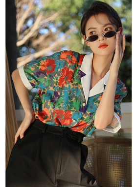 暮光之瞳vintage古着复古油画衬衣设计感小众短袖衬衫女雪纺上衣