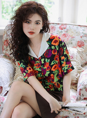vintage古着感短袖花衬衫女设计感小众衬衣复古怀旧80年代港风