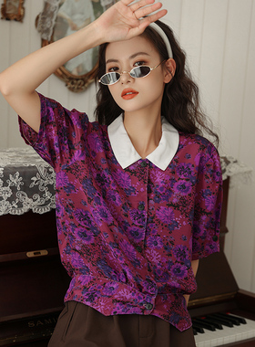 复古自制紫色油画花朵短袖衬衫女设计感小众衬衣法式上衣80年代潮