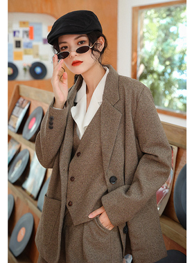 复古高级感人字纹毛呢西装外套女秋冬设计感小众呢子西服套装上衣