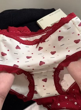 日系卡通可爱本命年红色内裤女士中腰喜庆纯棉新年蕾丝全棉内裤女
