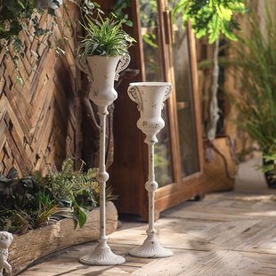 美式乡村复古做旧铁艺雕花花架别墅院落插花装饰品工艺品摄影道具