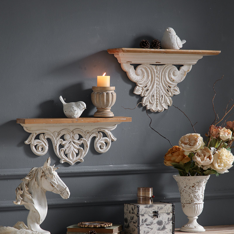法式乡村风白色雕花墙面搁板做旧实木置物架装饰架装饰隔板收纳架