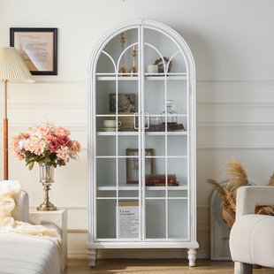 法式奶油风白色拱形实木铁艺展示柜书柜复古餐边柜储物手办柜柜子