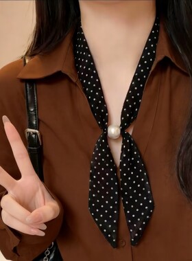 名媛风黑色波点丝巾小长条女2026新款春夏小领巾时尚百搭复古围巾