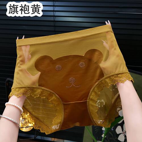 大码性感蕾丝三角内裤胖mm纯欲透明网纱卡通小熊贴钻红色女士内裤