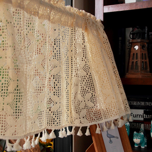 美式 原木风钩织棉线流苏半帘帘头穿杆帘门楣橱柜帘文艺风小窗帘