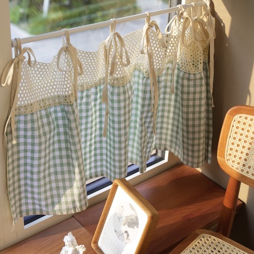 复古乡村格子小窗帘半帘门帘