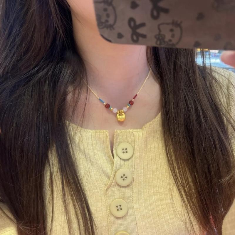 黄金胖福小金坨吊坠女999足金转运珠锁包编绳项链儿童本命年礼物