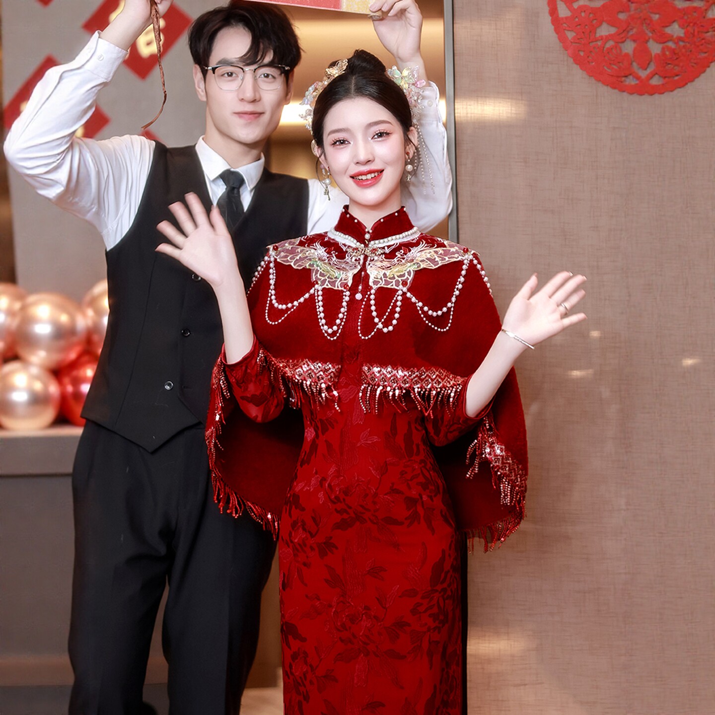 朱雀记红色毛披肩敬酒服新娘旗袍斗篷外搭婚礼结婚礼服披风流苏冬