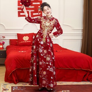 朱雀记新中式大码敬酒服回门礼服高腰遮肚孕妇订婚连衣裙酒红色女