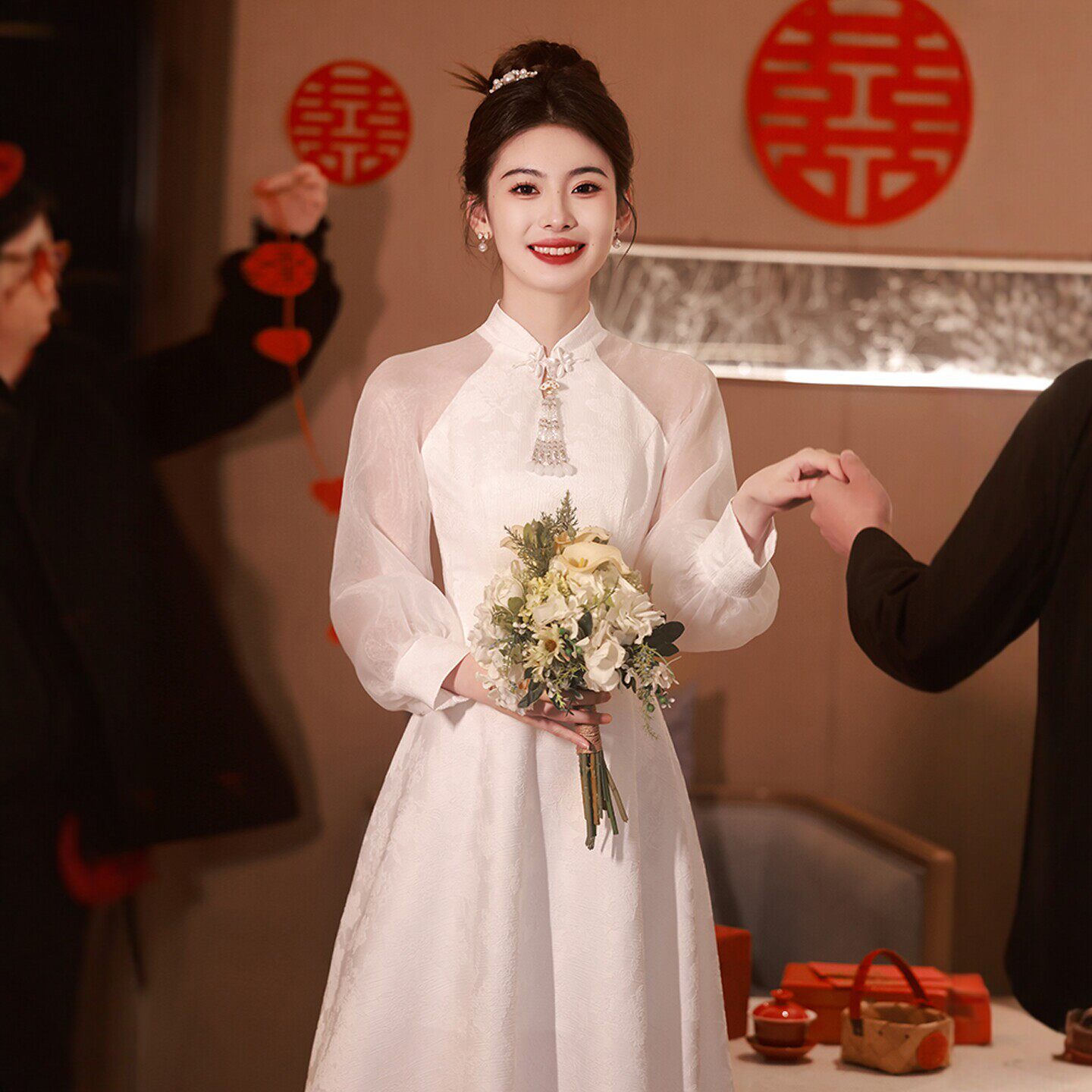 朱雀记白色订婚礼服大码胖mm旗袍领证登记小白裙伴娘连衣裙轻婚纱