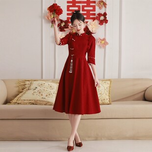 朱雀记孕妇敬酒服酒红色订婚连衣裙新娘高腰遮肚结婚回门礼服大码