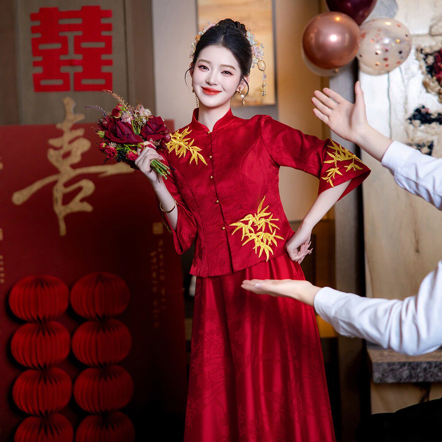 朱雀记新中式孕妇秀禾旗袍敬酒服套装新娘订婚回门礼服裙大码胖mm