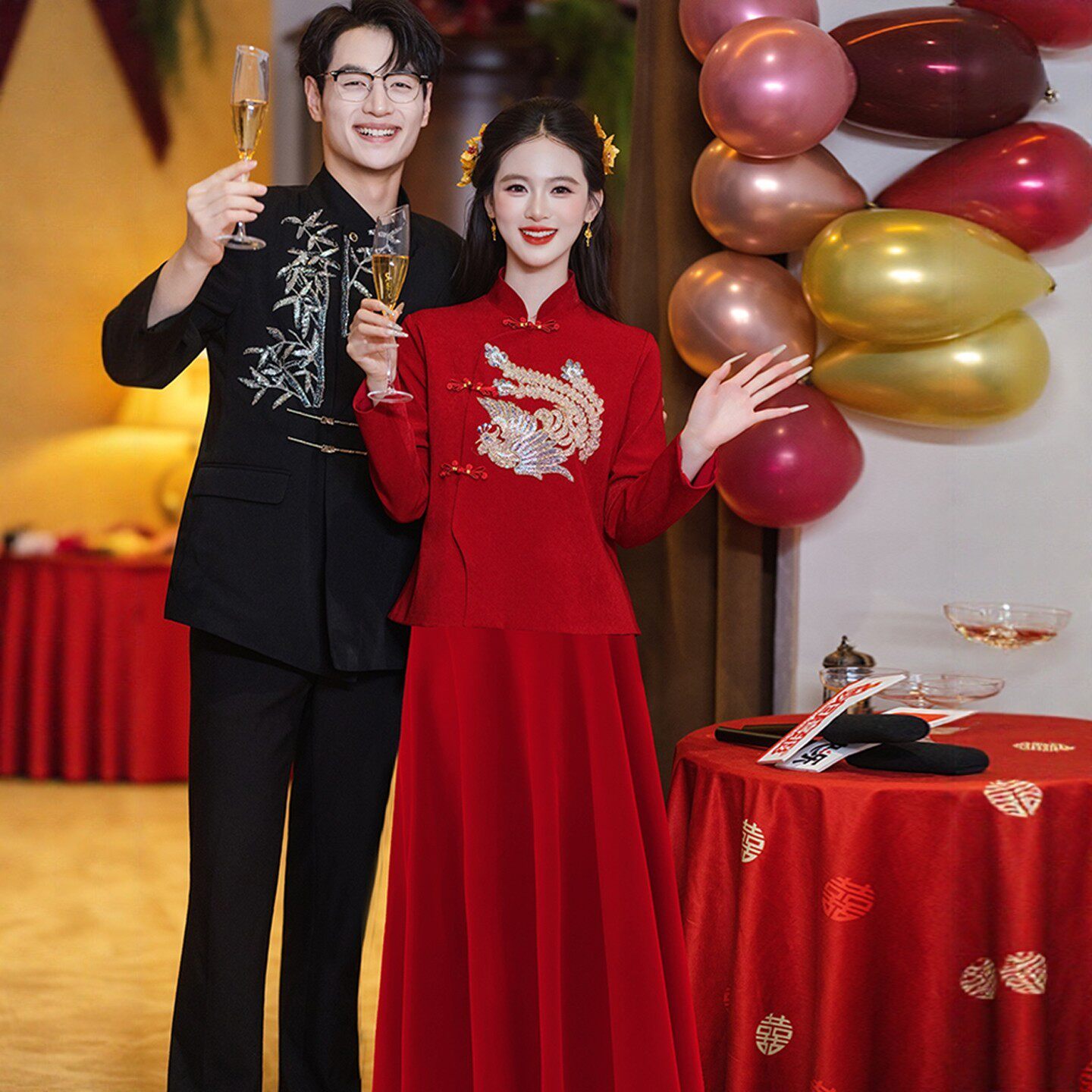 朱雀记新中式孕妇旗袍敬酒服套装红色订婚礼服裙大码胖mm高腰遮肚