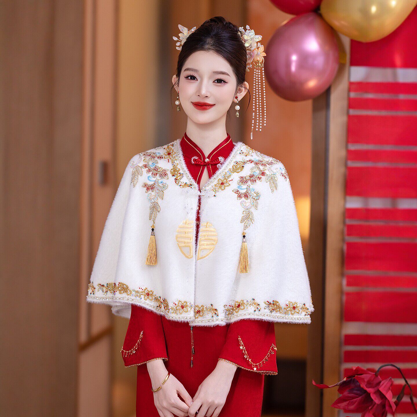 朱雀记白色婚纱毛披肩新娘旗袍披风敬酒服斗篷外搭保暖婚礼国风冬