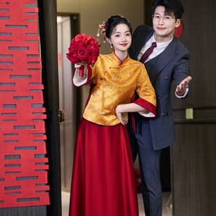 朱雀记黄色孕妇旗袍敬酒服新娘套装秀禾订婚礼服中式大码胖mm遮肚