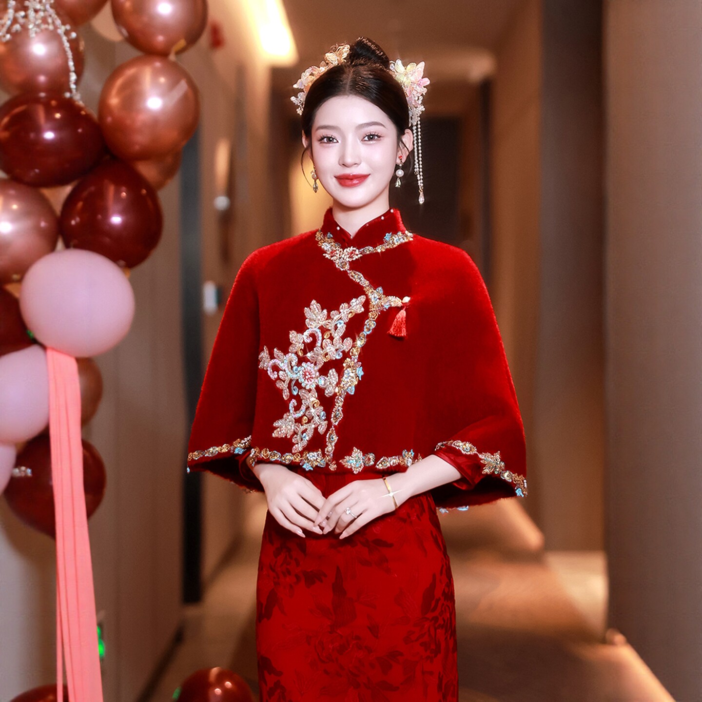朱雀记红色毛披肩敬酒服新娘配旗袍外套斗篷婚礼结婚披风女外保暖
