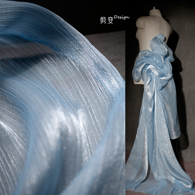 流光水波纹压褶闪光网纱裙子布料