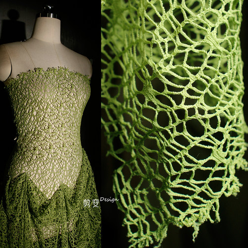 牛油果绿不规则创意蜘蛛网镂空渔网透视布料手工汉服装设计师面料