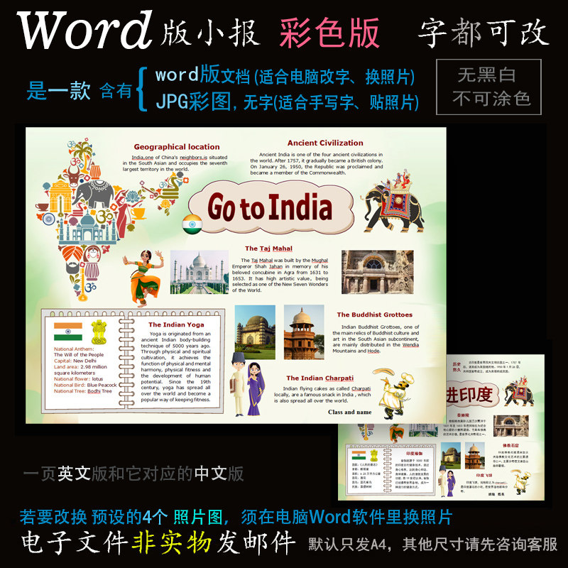 y207印度英语小报电子版word模版电脑手抄报南亚洲国家英文简报