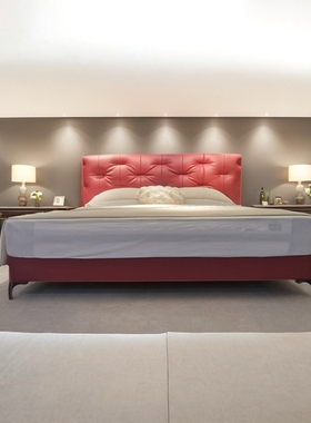 意式极简真皮床现代简约主卧床双人大床头层牛皮红色婚床