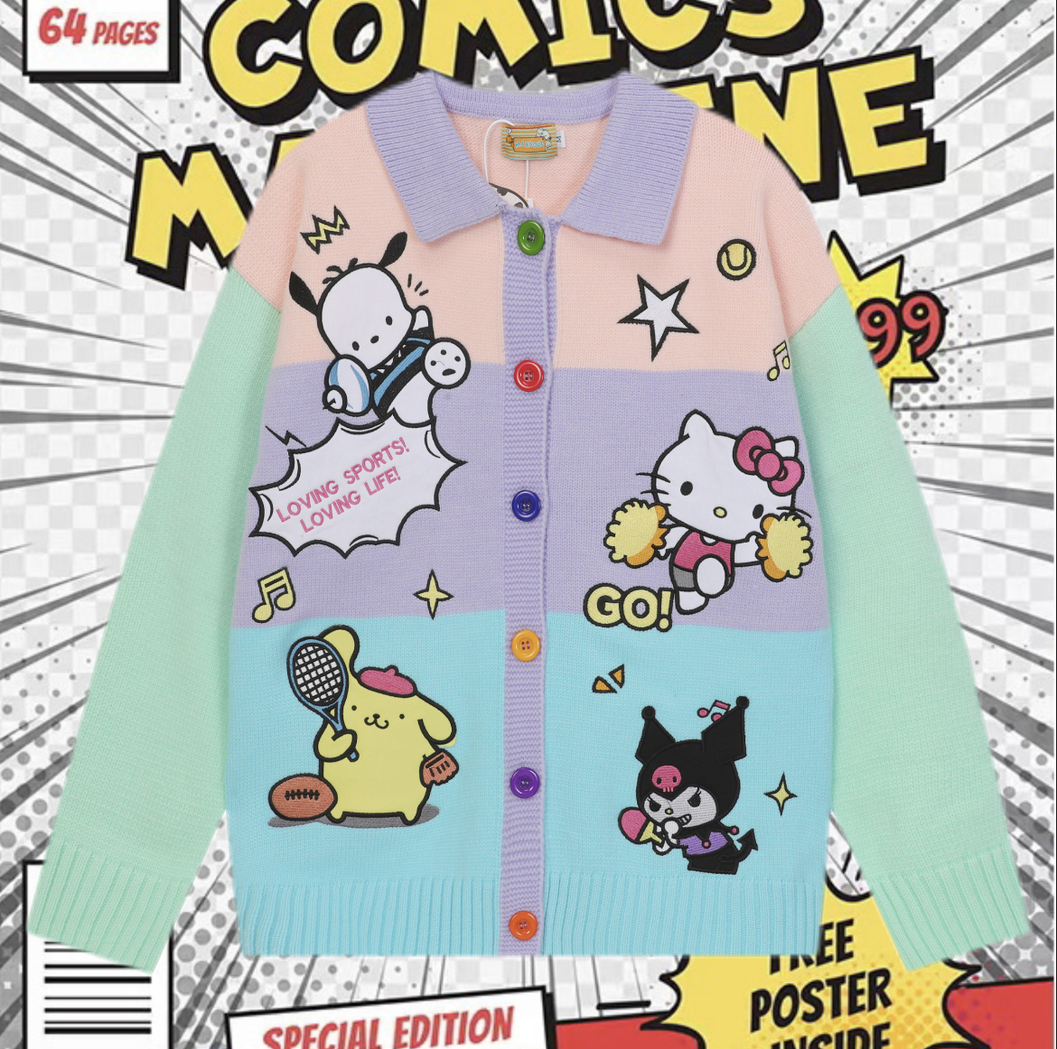 cattle赵大牛新款童趣刺绣卡通kitty拼色翻领毛衣外套男女同款