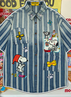 cattle赵大牛新款美式童趣拼布刺绣卡通小狗短袖衬衫男女同款