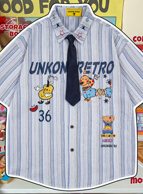 cattle赵大牛新款美式童趣卡通刺绣条纹短袖衬衫男女同款情侣衬衣