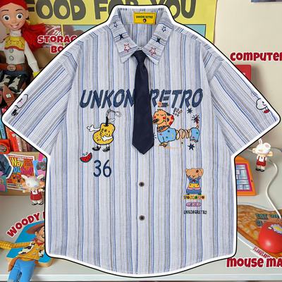 cattle赵大牛新款美式童趣卡通刺绣条纹短袖衬衫男女同款情侣衬衣