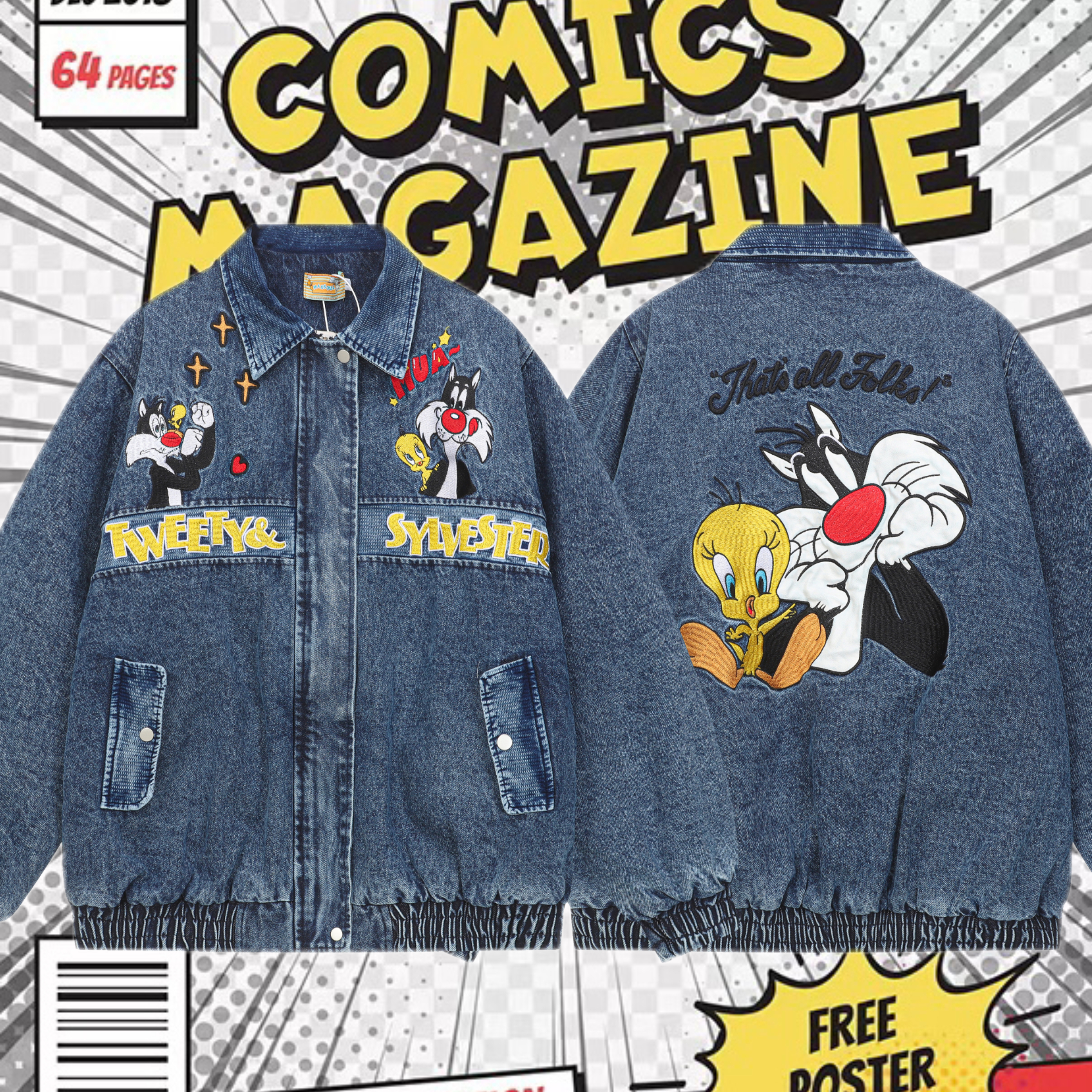 cattle赵大牛新款美式童趣刺绣卡通米奇拼色翻领外套男女同款棉服