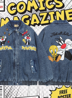 cattle赵大牛新款美式童趣刺绣卡通米奇拼色翻领外套男女同款棉服