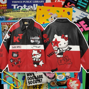 cattle美式复古古早卡通kitty刺绣棒球服皮衣外套宽松百搭夹克