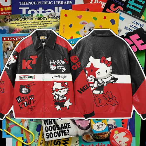 cattle美式复古古早卡通kitty刺绣棒球服皮衣外套宽松百搭夹克