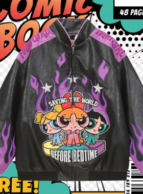 cattle赵大牛2025新款美式童趣刺绣卡通小女警拼色棒球服外套