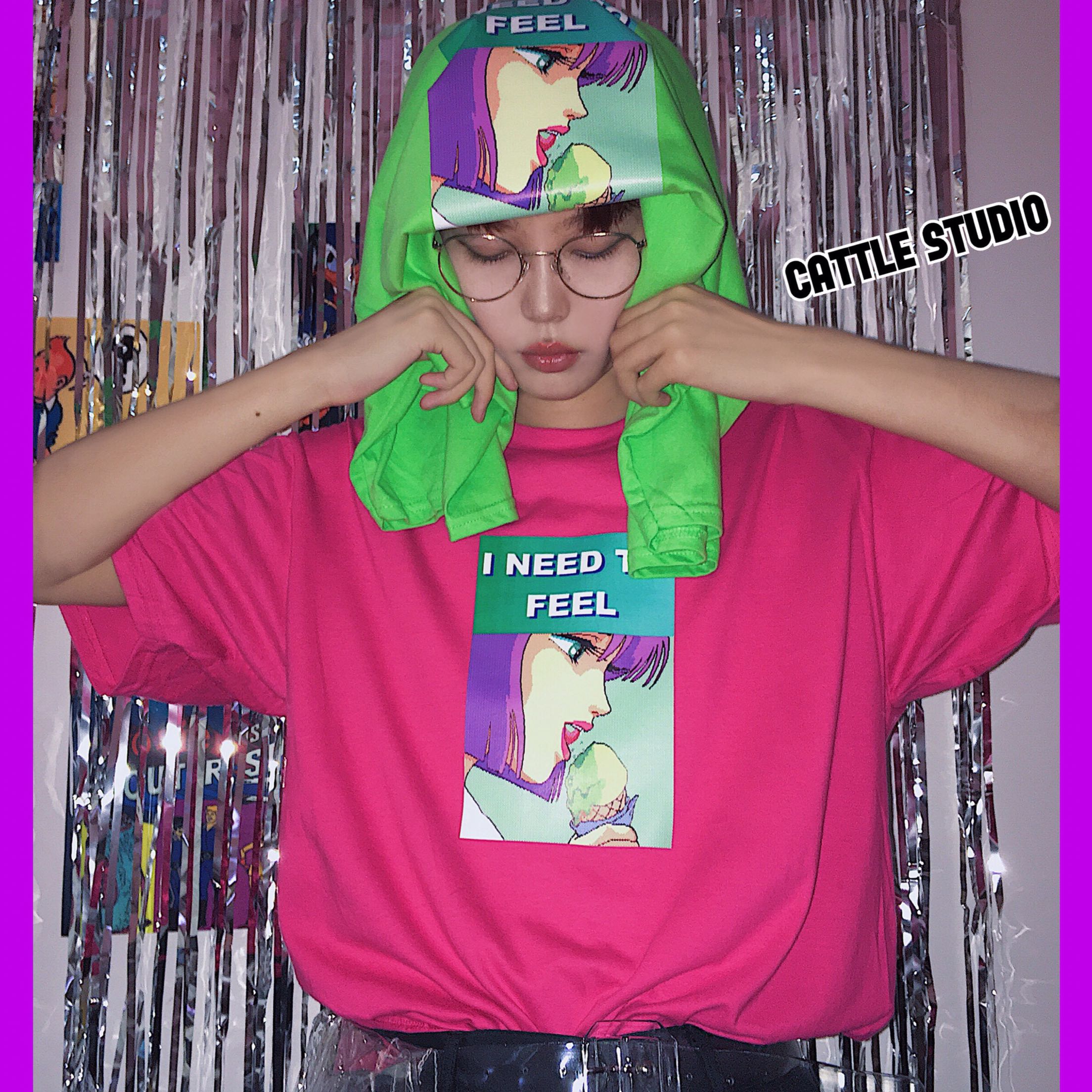 CattleÕÔ´óÅ£ ×ÔÖÆ18пî ÏñËØ·ç ˫ɫԲÁì¶ÌÐäTÐô oversize °Ù´î