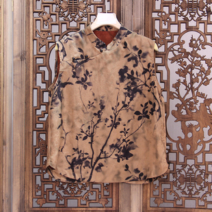 馨风桑蚕丝真丝花萝绞萝红云纱马甲女士无袖立领中式复古宽松背心