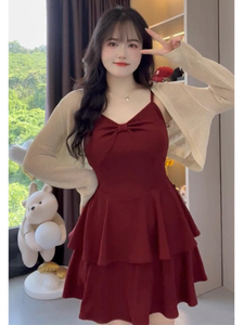 大码微胖mm夏季纯欲甜辣风套装女设计感遮肚子显瘦吊带蛋糕连衣裙