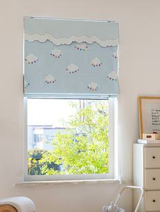 法欧雅多巴胺卡通雪尼尔麻高遮光七彩雨滴蓝罗马帘儿童房ins风