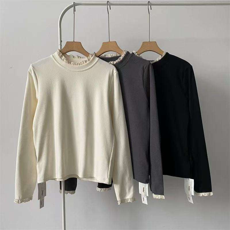 蕾丝花边立领打底T恤女秋冬5新设计感小众长袖上衣德绒内搭打底衫