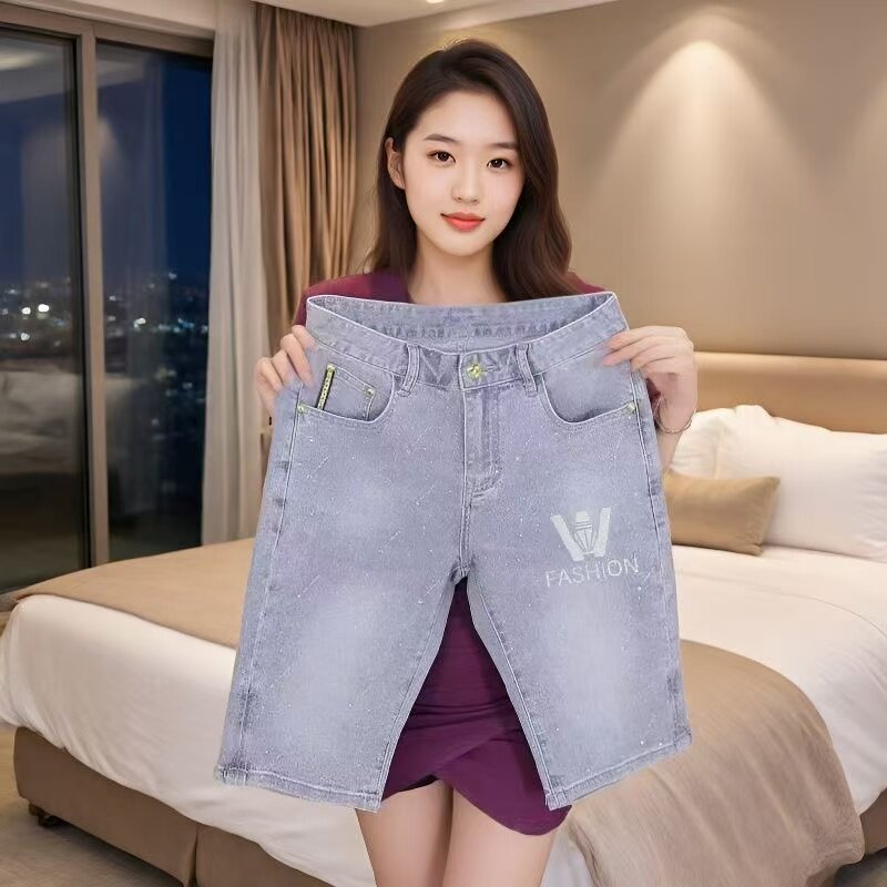 2026春夏新款满天星五分裤男士烫钻牛仔裤时尚百搭修身弹力裤子男