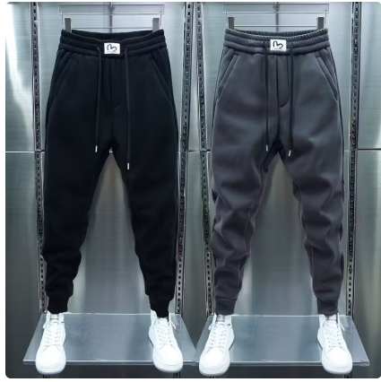 潮牌秋冬新款男士加绒加厚休闲裤潮流纯色小脚束脚运动哈伦卫裤男