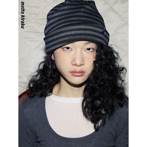 MottoKiraku深灰色条纹堆堆帽